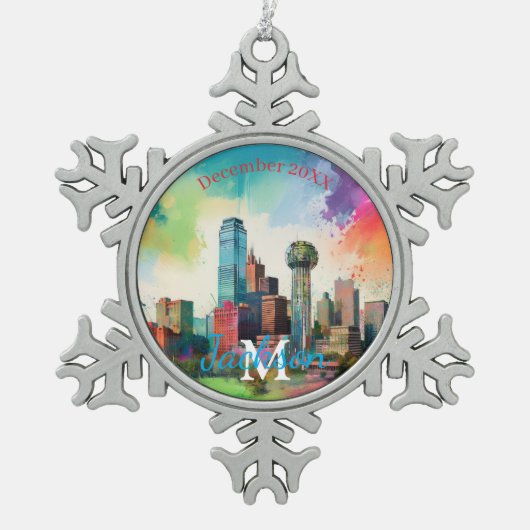 Dallas Skyline Snowflake Pewter Kerstversiering Tin Sneeuwvlok Ornament (Voorkant)