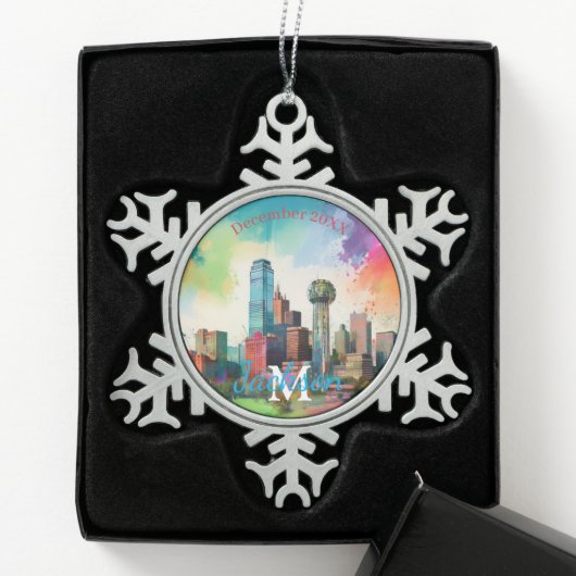 Dallas Skyline Snowflake Pewter Noël ornement (Boîte)