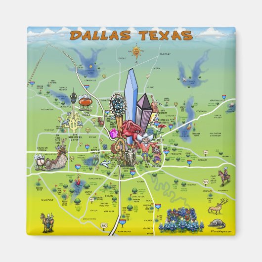 Dallas Texas Cartoon Map Magneet (Voorkant)