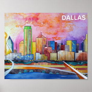 Dallas Texas Waterverf City Skyline Poster