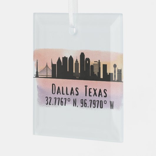 Dallas TX Skyline Latitude en Lengtegraad Glas Ornament (Voorkant links)