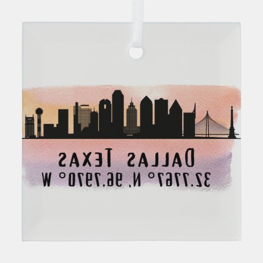 Dallas TX Skyline Latitude en Lengtegraad Glas Ornament (Achterkant)