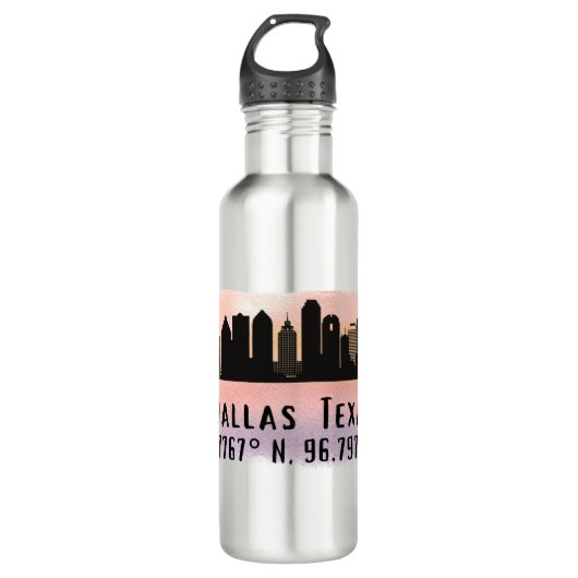 Dallas TX Skyline Latitude en Lengtegraad Waterfles (Voorkant)