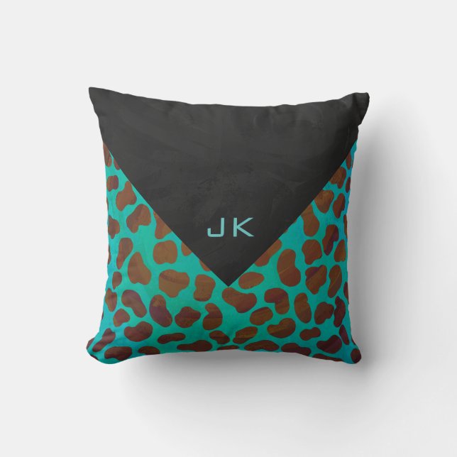 Dalmatian Brown en Blauwgroen met Monogram Kussen (Voorkant)