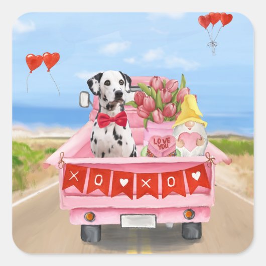Dalmatian Dog Valentijnsdag Truck Hearts Vierkante Sticker (Voorkant)