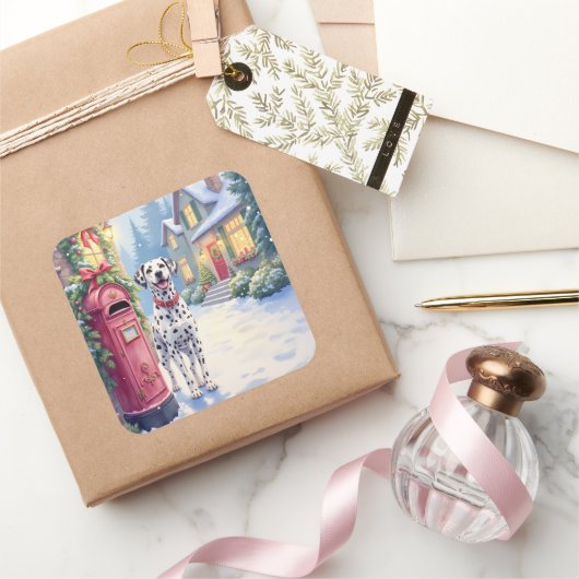 Dalmatian Festive Mailbox Christmas Art Vierkante Sticker (Geschenken)