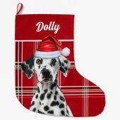 Dalmatian Santa Red Holiday Plaid and Dogs Name Grote Kerstsok (Voorkant)