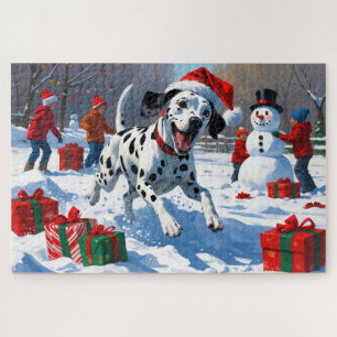 Dalmatiër rent in de sneeuw met kerstmuts legpuzzel