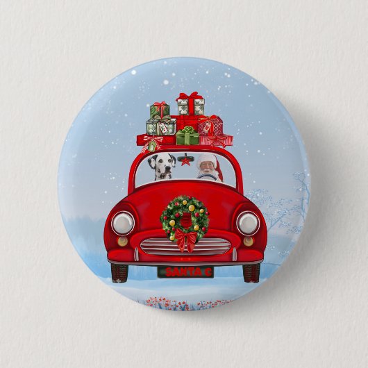 Dalmatische hond in auto met kerstman ronde button 5,7 cm (Voorkant)