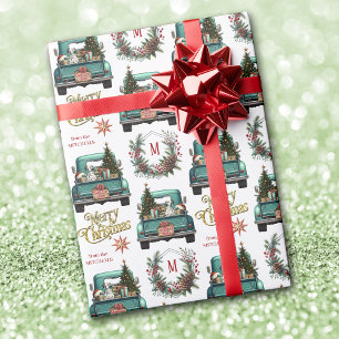 Dalmatische hond Retro Truck Monogram Kerstmis Cadeaupapier