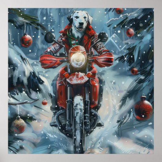 Dalmatische Hond Rijden Motorfiets Kerstmis Poster (Voorkant)
