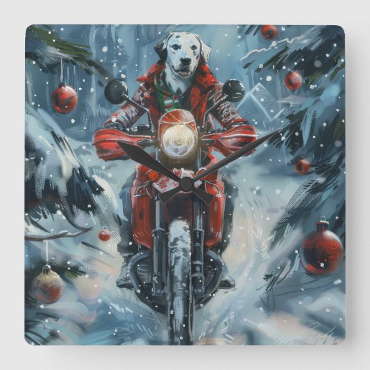 Dalmatische Hond Rijden Motorfiets Kerstmis Vierkante Klok (Voorkant)