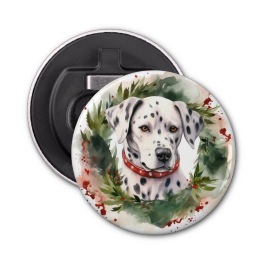 Dalmatische Kerstkrans Feestelijke Pup Button Flesopener (Voorkant)