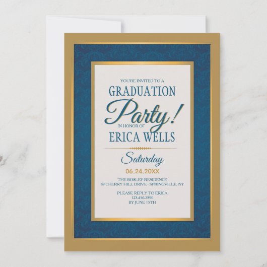 Damas Bleu Avec Gold Trim Graduation Invitation (Devant)