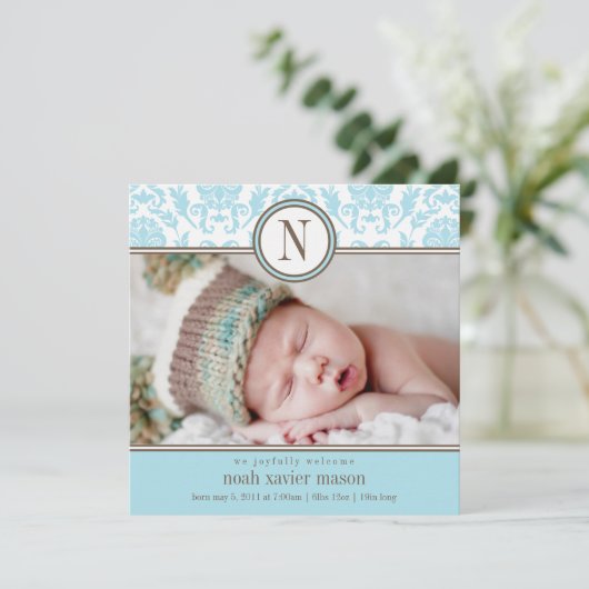 Damas bleu carré | Faire-part de naissance (Debout devant)