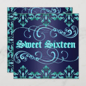 Damas bleu foncé Imprimer Sweet 16 Invitation d'an (Devant / Derrière)