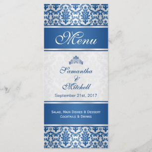 damas bleu foncé sur le menu argent