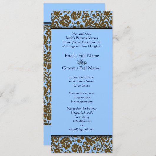 Damas Brown Sur Faire-part de mariage Bleu Aqua (Devant / Derrière)