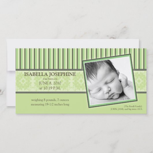 Damas et rayures Lime Faire-part de naissance vert (Devant)