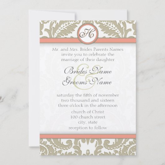Damas gris avec corail et Gris Invitations de mari (Devant)