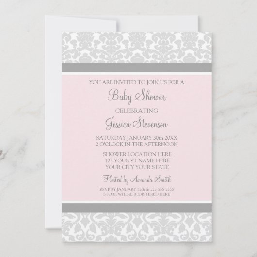 Damas gris rose Invitations de douches pour bébés (Dos)