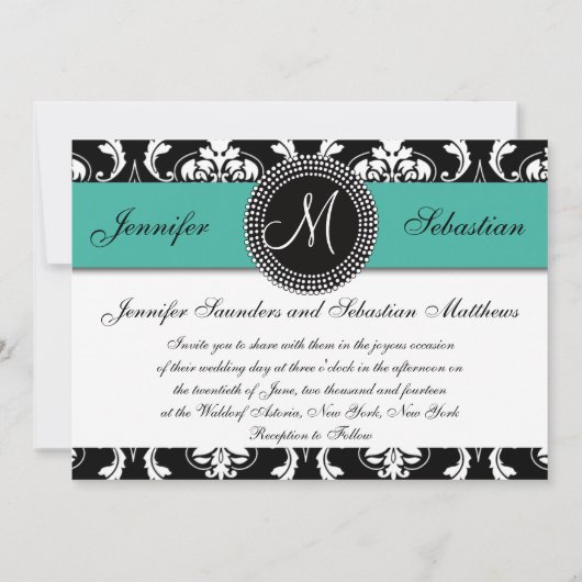 Damas Monogrammes Invitations de mariage Turquoise (Dos)