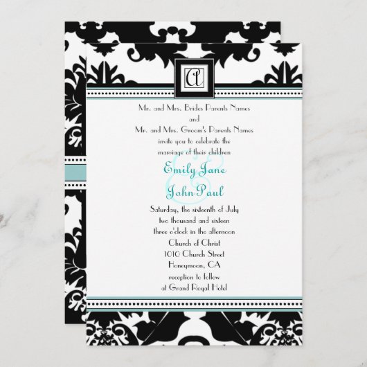 Damas Noir avec Faire-part de mariage Aqua Trim (Devant / Derrière)