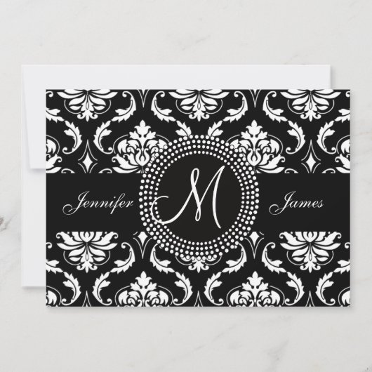 Damas noir blanc Faire-part de mariage initial (Devant)