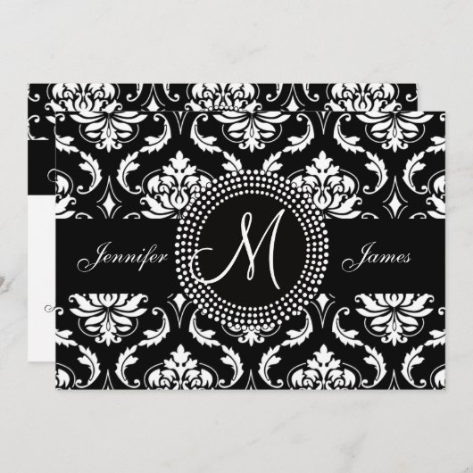 Damas noir blanc Faire-part de mariage initial (Devant / Derrière)