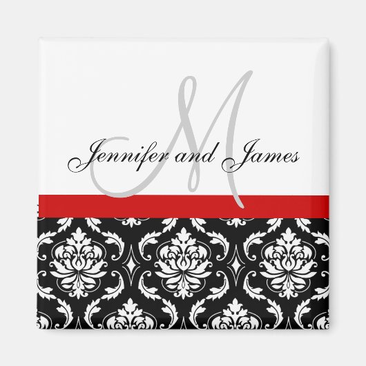 Damas Noir Blanc Rouge Monogramme Noms Magnet (Devant)