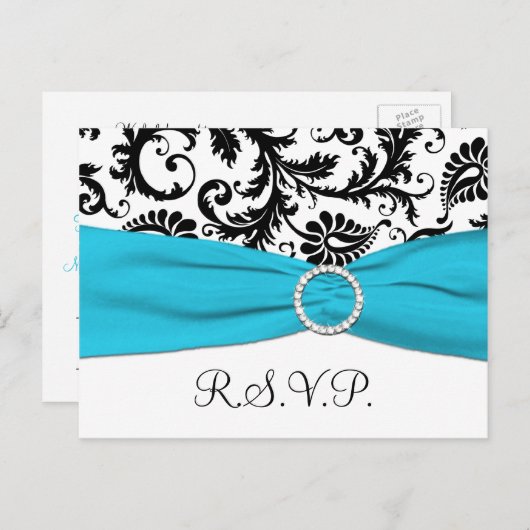 Damas noir et blanc avec carte postale RSVP bleu (Devant / Derrière)