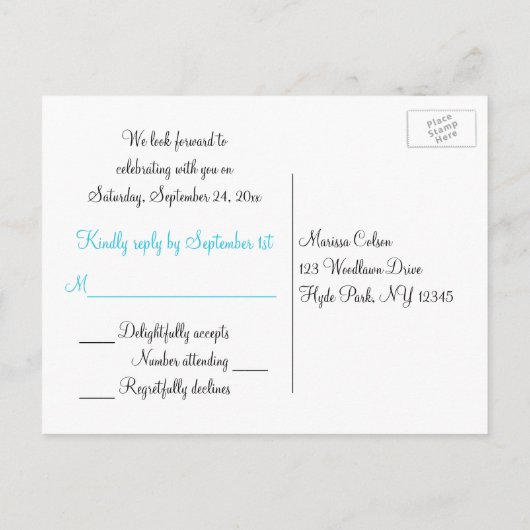 Damas noir et blanc avec carte postale RSVP bleu (Dos)