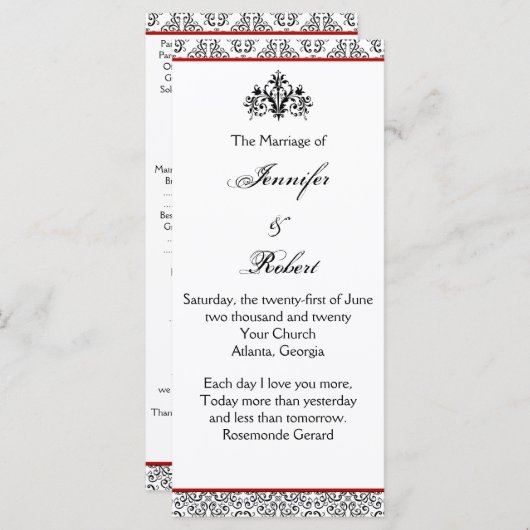 Damas noir et blanc avec programme de mariage roug (Devant / Derrière)