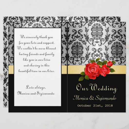 Damas noir, gris, roses rouges Programme de mariag (Devant / Derrière)