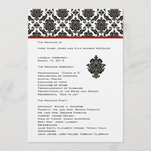 Damas Noir Sur Blanc Red Trim Programme de Mariage (Devant)