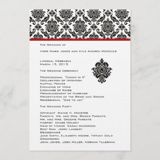 Damas Noir Sur Blanc Red Trim Programme de Mariage (Dos)