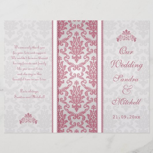 Damas rose sur le programme de mariage argent (Devant)