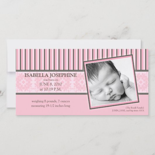 Damas & Stripes Bébé Faire-part de naissance rose (Devant)