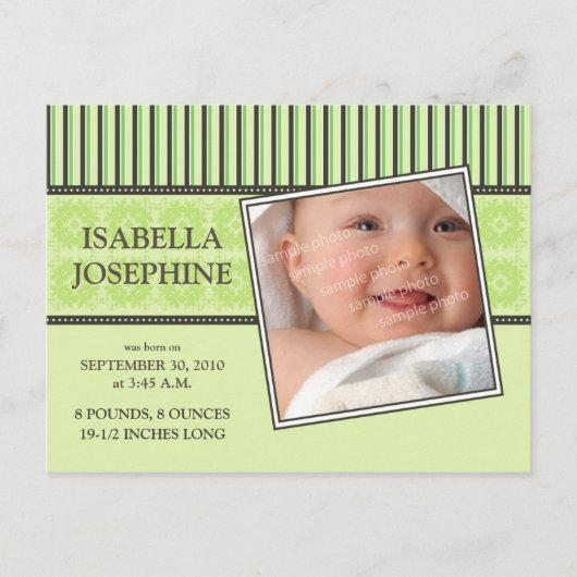 Damas & Stripes Lime Baby Faire-part de naissance (Devant)