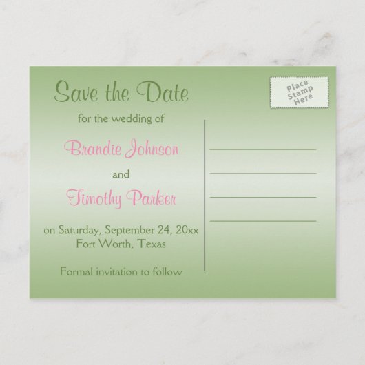 Damas vert et rose Enregistrer la date Carte posta (Dos)