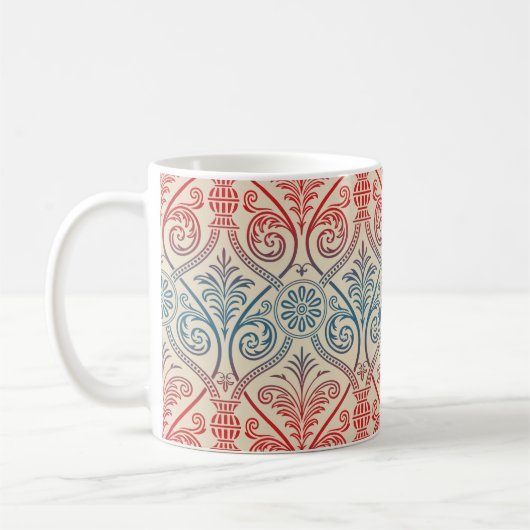 Damasbehangsel - blauw violet rood Koffiemok (Links)