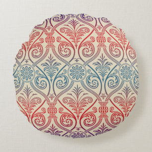 Damasbehangsel - blauw violet rood Rond Kussen