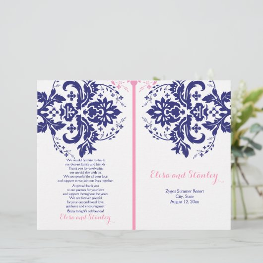 Damasblauw, roze trouwprogramma (Staand voorkant)