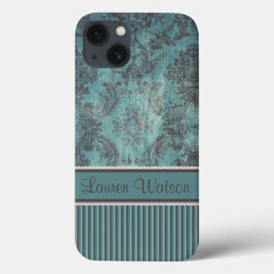 damasje blauwgroen bruin Monogram iPhone 13 Hoesje