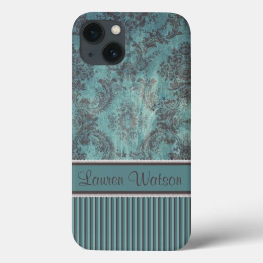 damasje blauwgroen bruin Monogram Case-Mate iPhone Case (Achterkant)