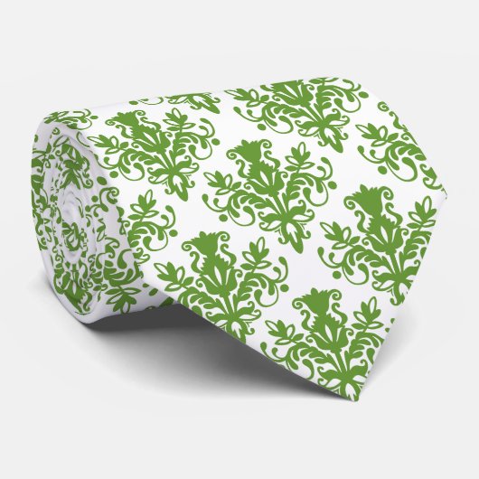 Damask 02 Pattern - Avocado Green on White Stropdas (Opgerold)