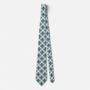Damask 02 Pattern - Dark Moss Green on White Stropdas