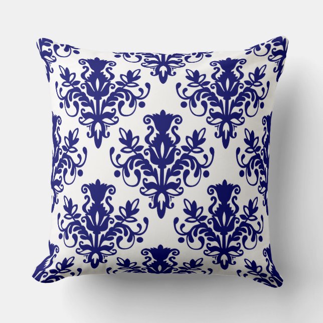 Damask 02 Pattern - Deep Navy Blue op White Kussen (Voorkant)