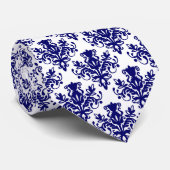 Damask 02 Pattern - Deep Navy Blue op White Stropdas (Opgerold)