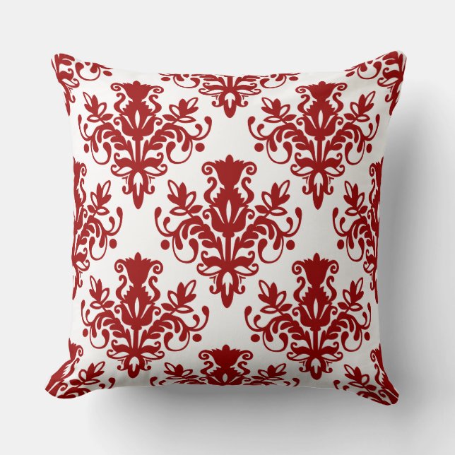 Damask 02 Pattern - Ruby Red on White Kussen (Voorkant)